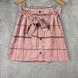 HAVE Corduroy Mini Skirt Womens Large Pink Plaid Paperbag Waist Button Front